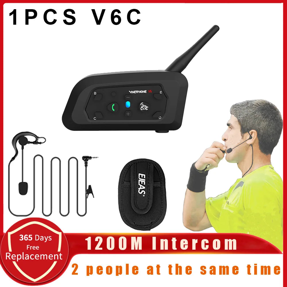 Vnetphone V6C Full Duplex 1200M Football Referee Arbitration Bluetooth Intercom Earhook Headset